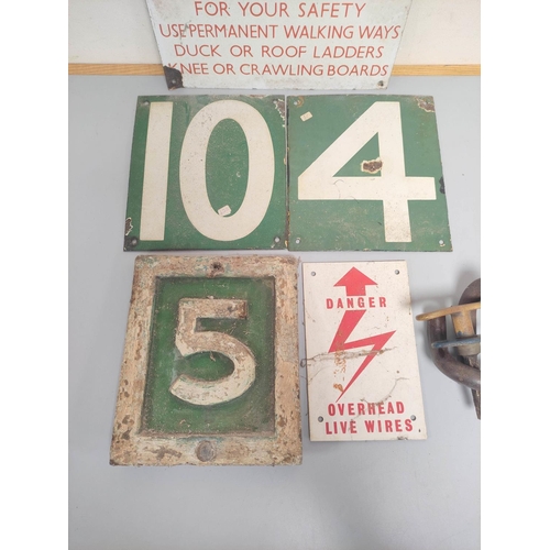 441 - Collection of 20th century enamel signs to include a rectangular fragile roof warning sign, overhead... 