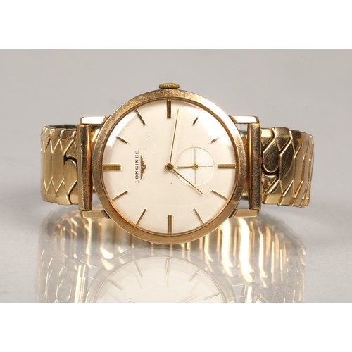 119 - Longines 9ct gold wrist watch, champagne dial with baton hour markers with subsidiary dial. with rep... 