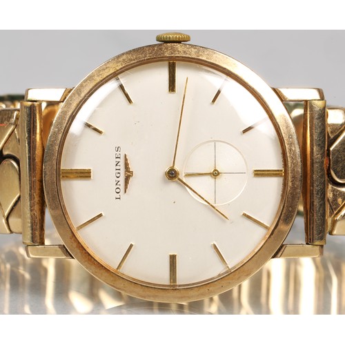 119 - Longines 9ct gold wrist watch, champagne dial with baton hour markers with subsidiary dial. with rep... 