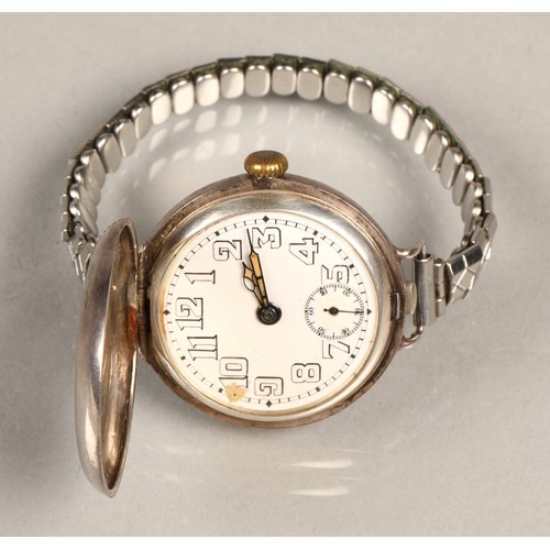 122 - Rolex silver full hunter officers wrist watch. White numbered dial with subsidiary dial. Hinged lid ... 