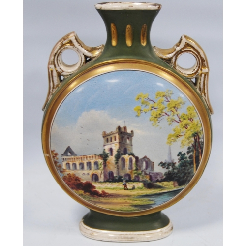 224 - Pair of Aesthetic Movement moon flasks by Charles Barlow bearing pictorial images of Jedburgh Abbey ... 