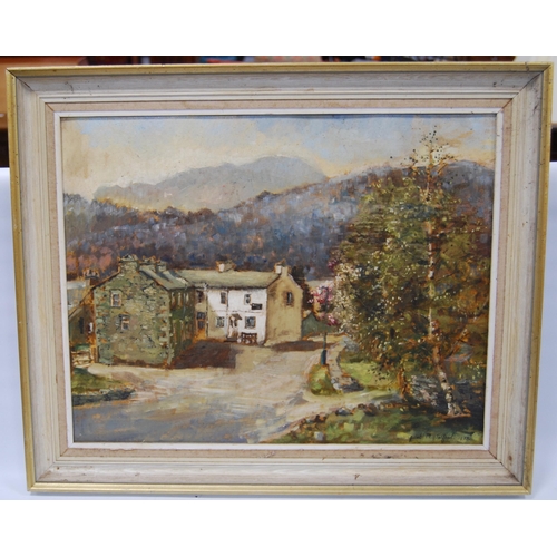 364 - Juliet M Telford (British, 20th Century)Elterwater Village, CumbriaSigned and dated 1978, oil on boa... 