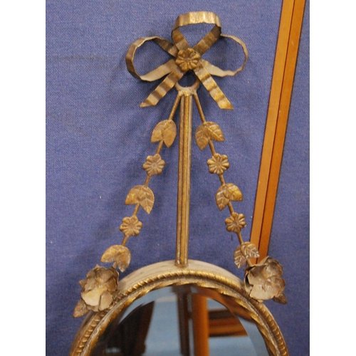 415 - Pair of gilt metal girandole wall mirrors in the 18th century style, each with floral and ribbon sur... 