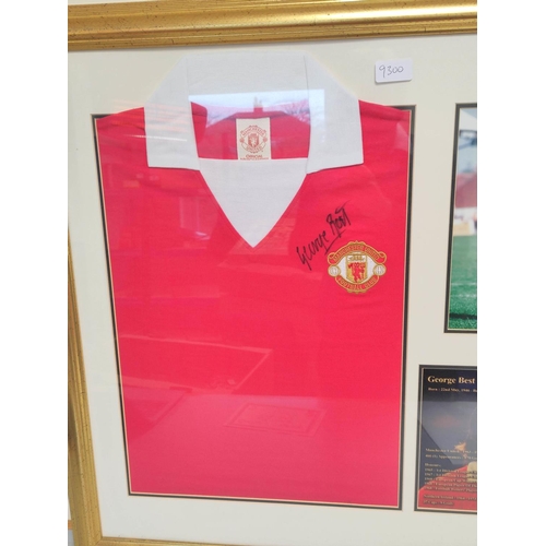 455 - George Best. A framed signed Manchester United retro-style football shirt, signed above the club cre... 