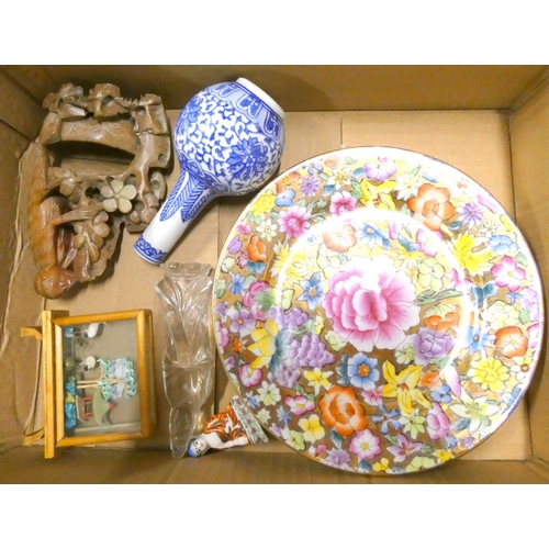 239 - Box of various Chinese items etc. to include soapstone monkey, brush washer, blue & white onion ... 