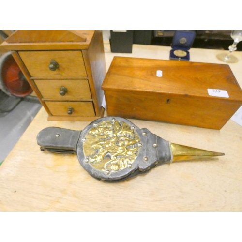 249 - Music box case, desk top drawers and bellows.