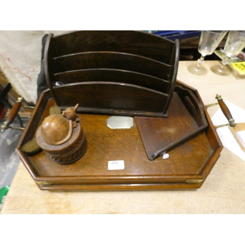 250 - Large oak tray, crumb scoop, cat carved treen box and letter rack.