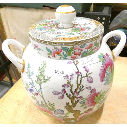 256 - Large Staffordshire 19th century twin handled famille rose pattern pot pourri jar, a/f.