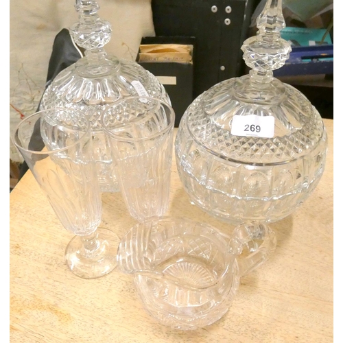 269 - Two large lidded glass sweetmeat jars etc..