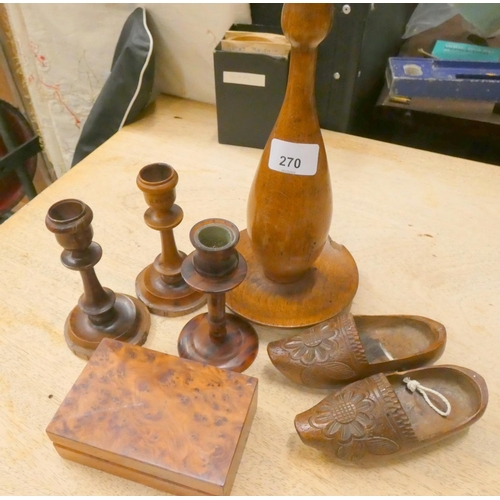 270 - Various treen candlesticks, clogs, box etc.