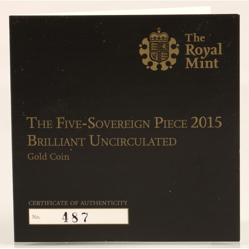 139 - The Royal Mint. The Five-Sovereign Piece 2015 Brilliant uncirculated Gold Proof coin, with certifica... 