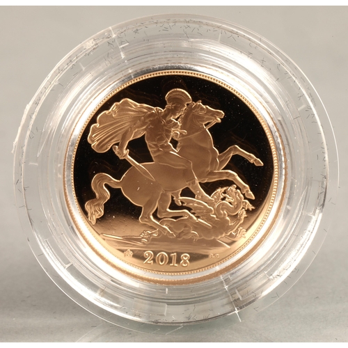 130 - The Royal Mint, The 2018 gold proof sovereign with case, certificate and outer box.No 6873/10500.8 g... 