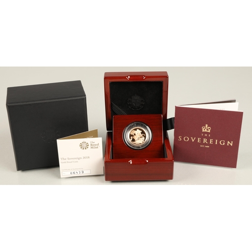 130 - The Royal Mint, The 2018 gold proof sovereign with case, certificate and outer box.No 6873/10500.8 g... 