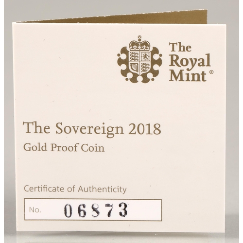 130 - The Royal Mint, The 2018 gold proof sovereign with case, certificate and outer box.No 6873/10500.8 g... 