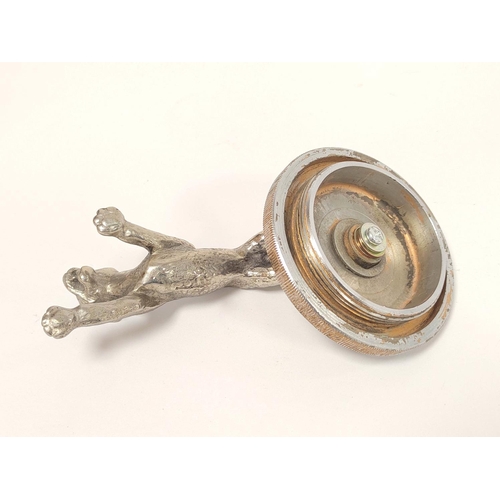 394 - Jaguar car mascot circa 1920s modelled as a leaping white metal jaguar, on a chrome patina disc moun... 