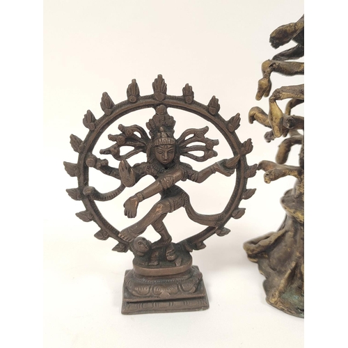 372 - Cast bronze sculpture in the form of Baobab tree, 22cm high, with Indian metal Hindu dancing god fig... 