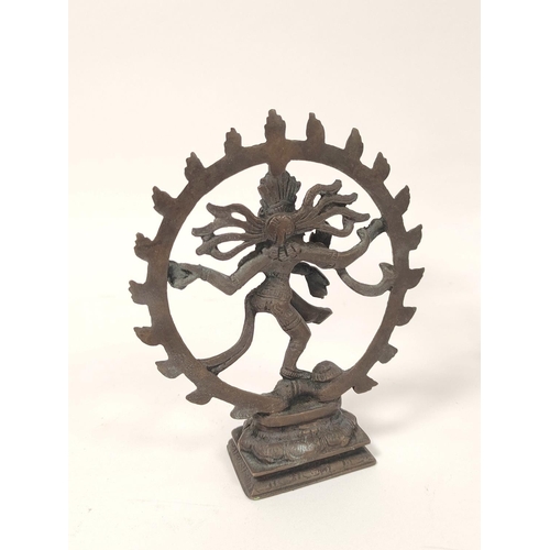 372 - Cast bronze sculpture in the form of Baobab tree, 22cm high, with Indian metal Hindu dancing god fig... 