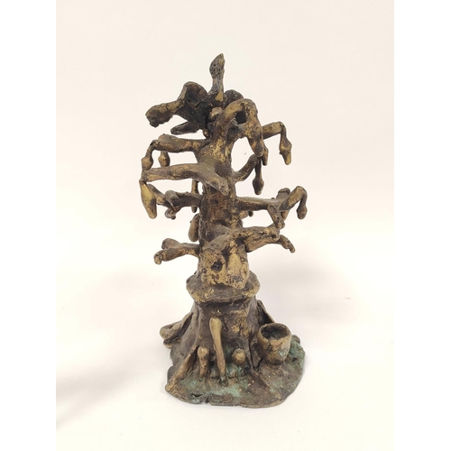 372 - Cast bronze sculpture in the form of Baobab tree, 22cm high, with Indian metal Hindu dancing god fig... 