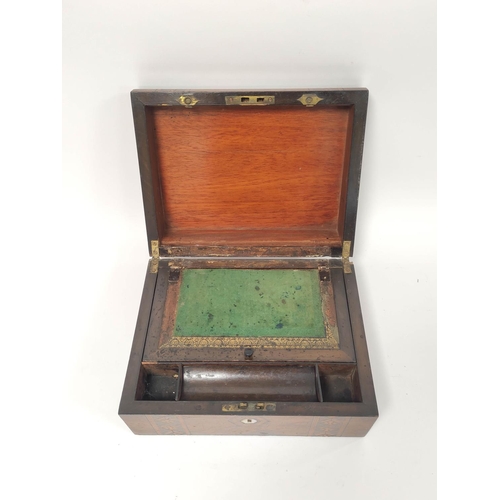 387 - Victorian marquetry inlaid walnut portable writing slope, the hinged top enclosing a fitted interior... 