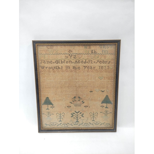 300 - Regency needlepoint sampler with alphabet worked by Jane Gibron aged 12, Dated 1823, 29cm x 25cm.