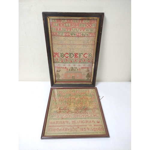 301 - William IV needlepoint sampler with alphabet dated 1834, 30.5cm x 29.5cm, with another Victorian sam... 