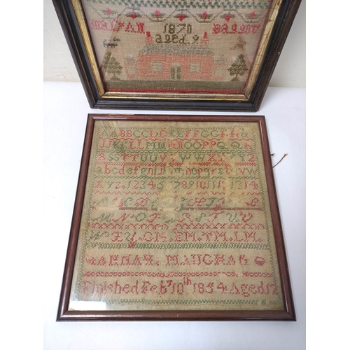 301 - William IV needlepoint sampler with alphabet dated 1834, 30.5cm x 29.5cm, with another Victorian sam... 