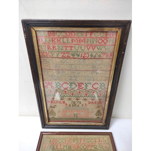 301 - William IV needlepoint sampler with alphabet dated 1834, 30.5cm x 29.5cm, with another Victorian sam... 