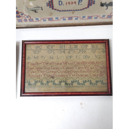 303 - Late Victorian needlepoint sampler with alphabet worked by Dora Hume aged 10, dated 1893, 30cm x 20.... 