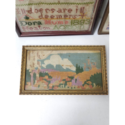 303 - Late Victorian needlepoint sampler with alphabet worked by Dora Hume aged 10, dated 1893, 30cm x 20.... 