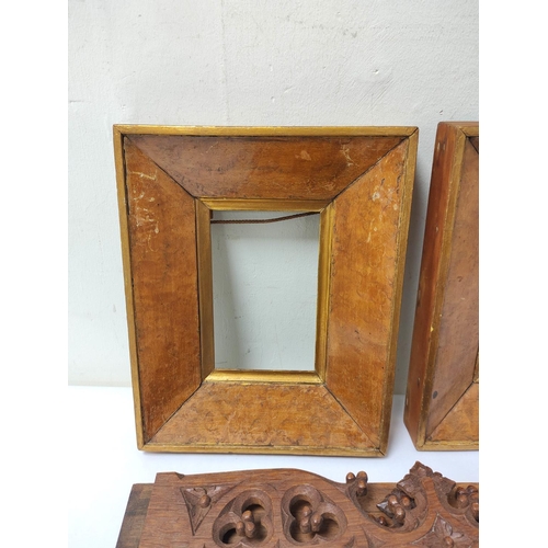 388 - Group of 19th century wooden items to include Gothic inspired book slide, pair of maple lined photo ... 