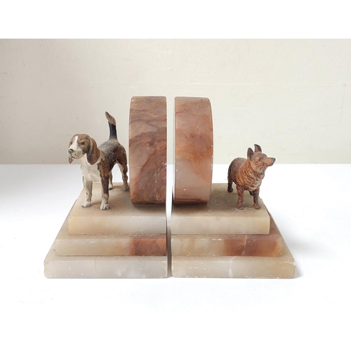 397 - Pair of Art Deco onyx and cold painted dog bookends, 12cm high, 10cm wide. (2)