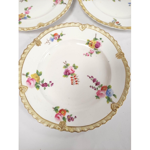 324 - Set of six late 18th century porcelain plates in the Chelsea Derby style, each with gilt feathered &... 