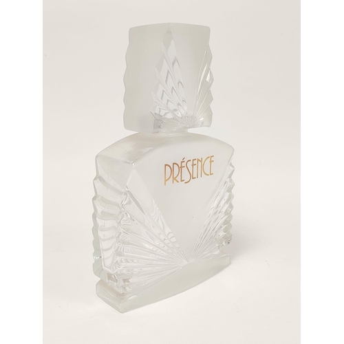 420 - Glass shop display perfume bottle of large size for Presence, 28cm high.