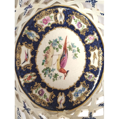 346 - 18th century Worcester porcelain basket with image of game bird to the well & hand painted panel... 