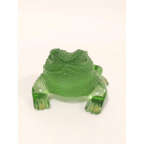 423 - Lalique, FranceGreen glass model of a frog with naturalistic dimple decoration, etched Lalique Franc... 