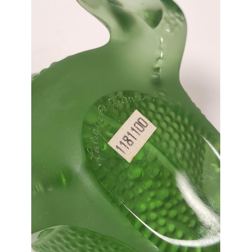 423 - Lalique, FranceGreen glass model of a frog with naturalistic dimple decoration, etched Lalique Franc... 