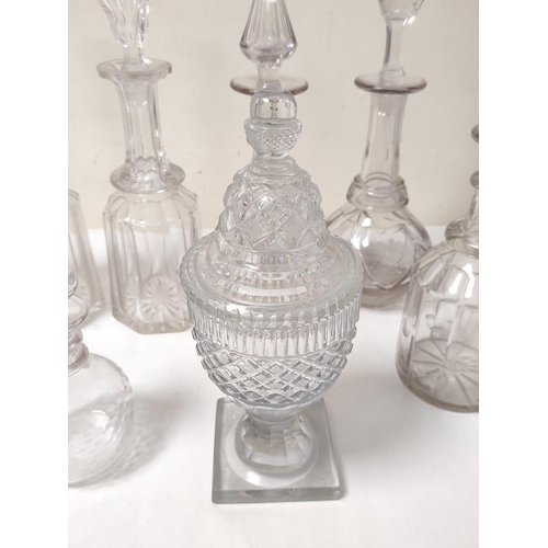 425 - Group of Georgian and later glass decanters to include pair of dimple cut decanters, one example wit... 