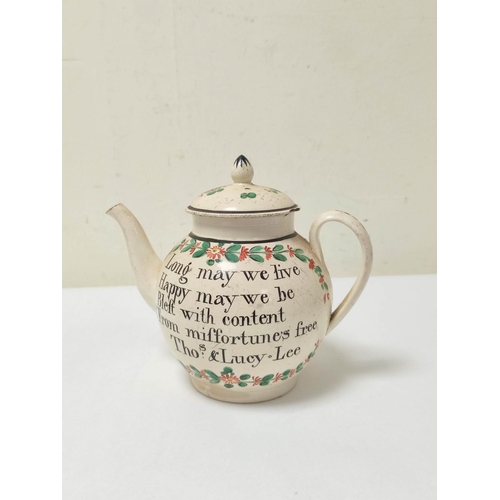 338 - Late 18th century English creamware globular teapot, cracking & other damages, painted with flow... 