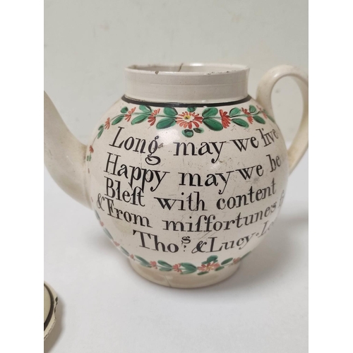 338 - Late 18th century English creamware globular teapot, cracking & other damages, painted with flow... 