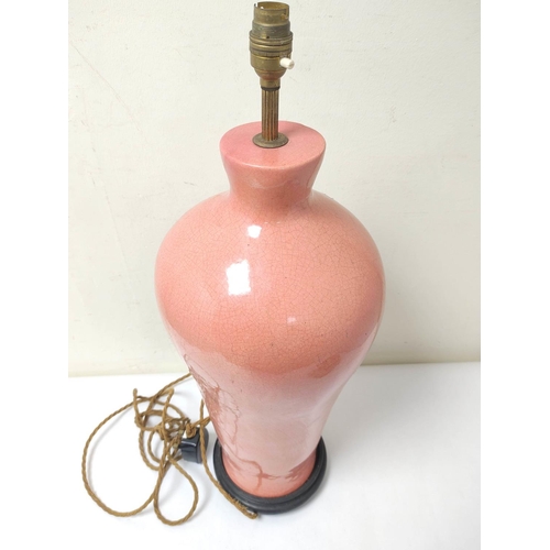 358 - Antique Chinese pink crackle glaze pottery  lamp, the baluster vase of large size, fixed to a hardwo... 