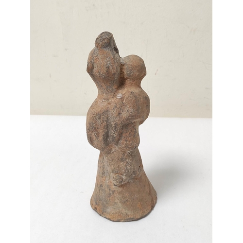 359 - Antique Chinese Tang style earthenware figure of a woman carrying a child, unglazed but with slight ... 