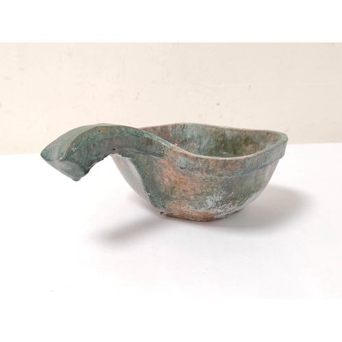 361 - Chinese green glazed earthenware grain or rice scoop of archaic form with shaped rectangular bowl an... 