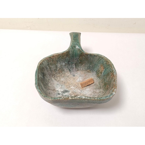 361 - Chinese green glazed earthenware grain or rice scoop of archaic form with shaped rectangular bowl an... 