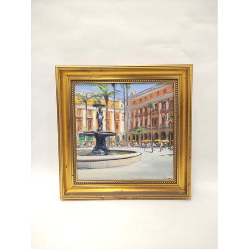 200 - C. Pedros (Contemporary Spanish).A square in Barcelona.Oil on canvas. Signed.29cm x 29cm.... 