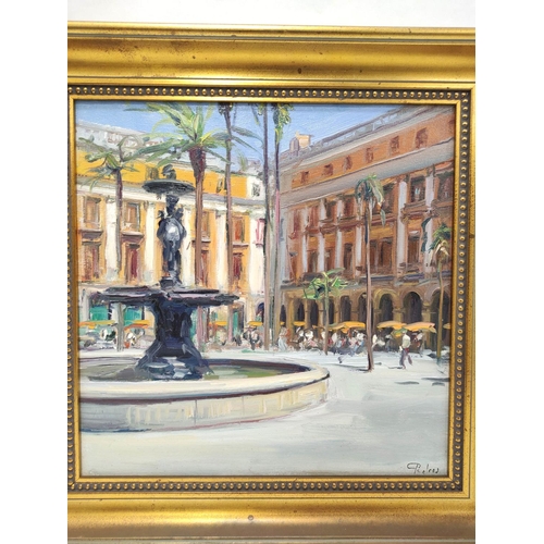 200 - C. Pedros (Contemporary Spanish).A square in Barcelona.Oil on canvas. Signed.29cm x 29cm.... 