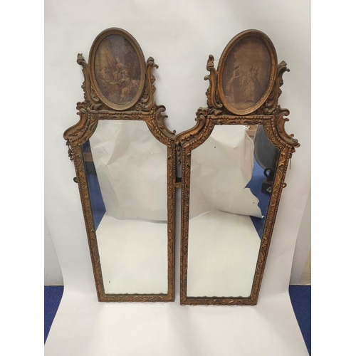 515 - Pair of 19th century Belle Epoque style giltwood pier mirrors, with oval print surmount above scroll... 