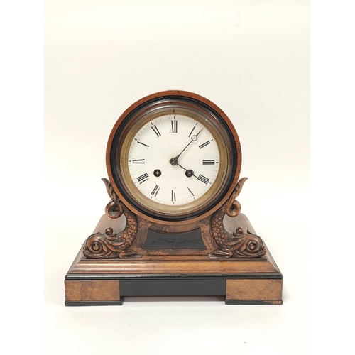 186 - Late 19th century French drumhead figured walnut mantel clock the clock raised on repousse surmounts... 