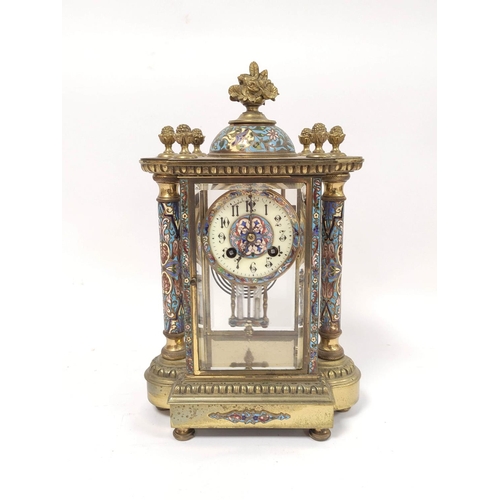 187 - Late 19th century French gilt brass and champleve enamel four glass mantel clock, with flowerhead su... 