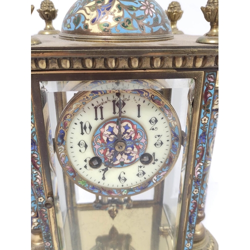 187 - Late 19th century French gilt brass and champleve enamel four glass mantel clock, with flowerhead su... 