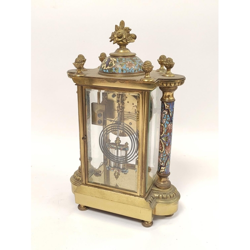 187 - Late 19th century French gilt brass and champleve enamel four glass mantel clock, with flowerhead su... 